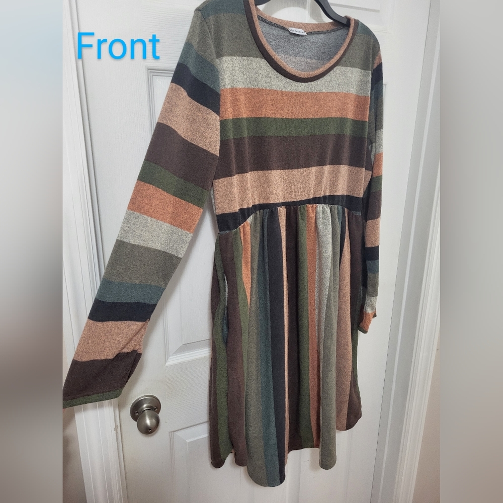 Egs California, 1x, Multi Stripe long sleeved curved hem midi dress with pockets
